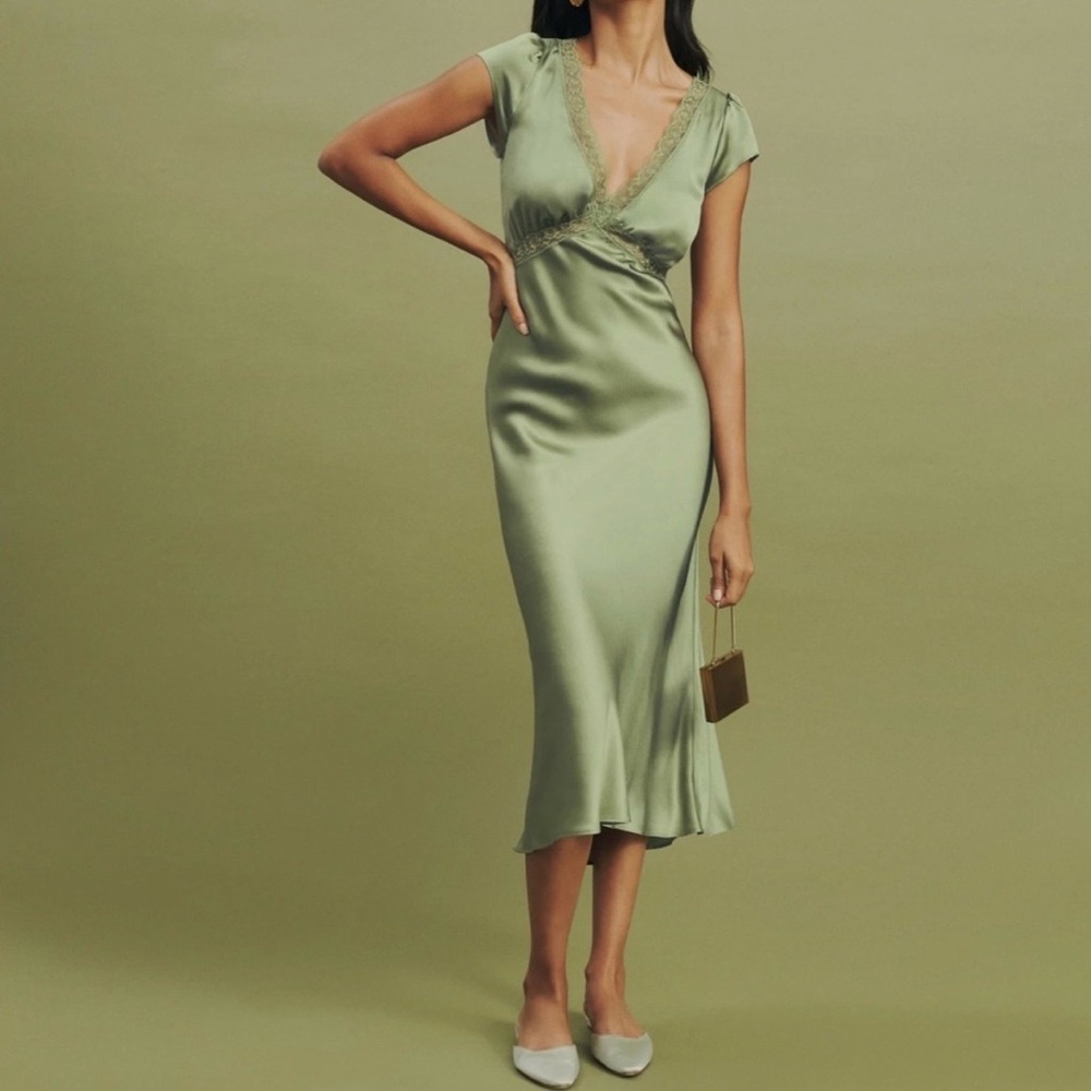 Reformation Coven Silk Midi Slip Dress in Artichoke Green Lace Trim size 12